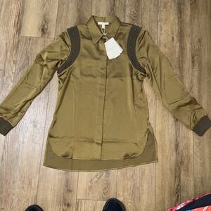 Adrienne Landau Quartz Womens Green Beaded Button-Down Top Shirt 4 jade collecti